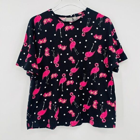 ASOS Size 6 Black & Pink Polka Dot Flamingo Boxy Short Sleeve Pajama Top - Picture 1 of 9